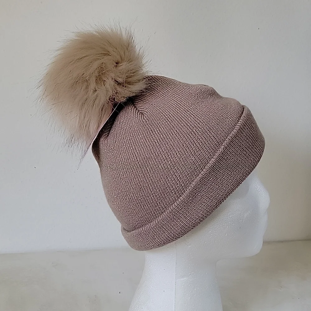 NWT Giddy up glamour taupe knit beanie with gold shimmery sparkle and pom